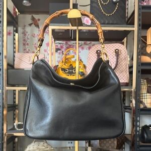 Gucci Black Leather Shoulder Bag with Bamboo Handle